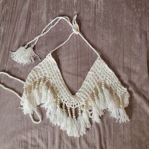 Bohemian Crochet Tassel Crop Top - Cream